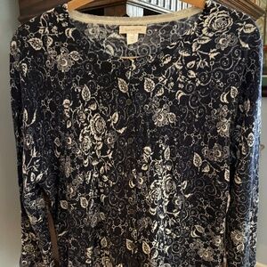 Brand New Garnet Hill Merino Wool Blue White Cardigan Sweater Floral Leaves XL